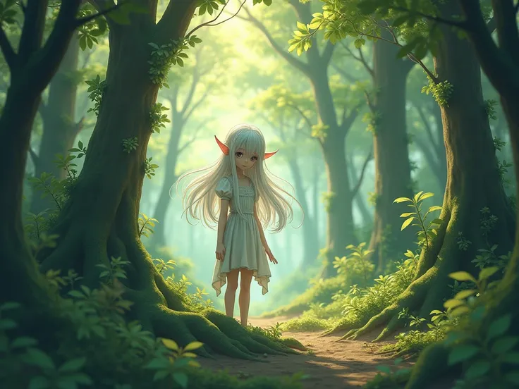 anime, Forest boy,  small height , long ears,  porcelain skin, long fingers,  long hair ,  medieval fantasy forest.