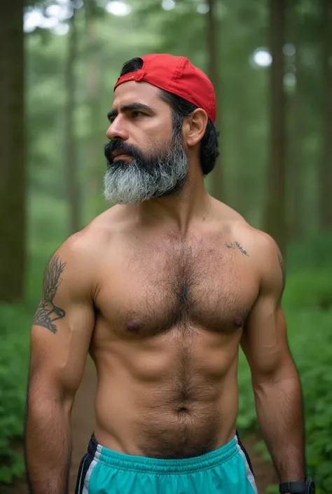  Create a hyperrealistic image of an athletic and muscular man outdoors in a natural forest environment during a cloudy day with soft and diffused light.  The character must be a mature man with a beard and Cabello well-kept white ,  projecting an air of c...