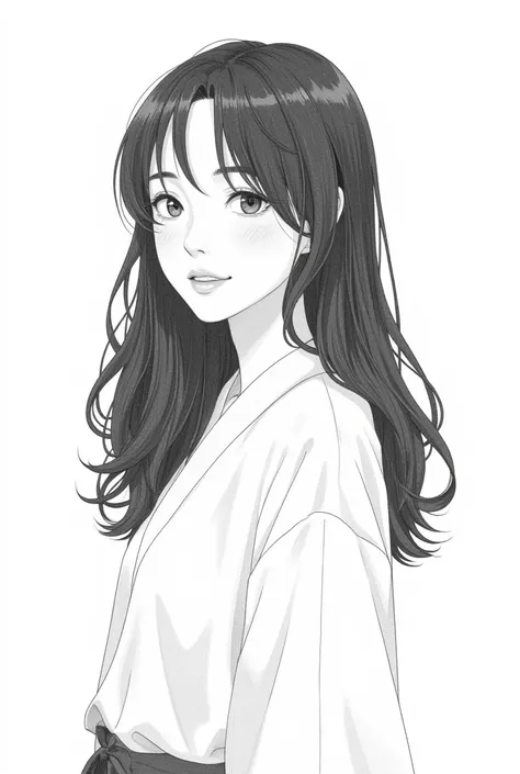 Draw an image of a Japanese woman in her 20s wearing Western clothes, depicted in a minimalistic graphic style.Her locks should be flowing, and her eyes expressing tranquility. The drawing should not contain any colour, instead, it should be purely monochr...