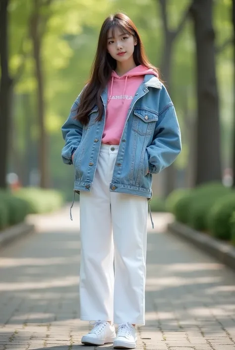 A beautiful face korean girl 20 years old long straight hair brownish silver blue pink clothes jacket daleman jeans white and long white jeans and white vans shoes is standing in a park and there is a plank 3d inscription SANDRA 