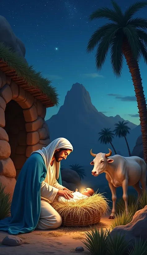  birth of the baby Jesus in Bethlehem in a cave covered with grass, baby Jesus lying on straw ,Maria Rosto Lindo White Clothes Blue Cloak and Jose take care of Baby Jesus,Some sheep,cows near , a starry night with a golden hue ,Some date palms , and a beau...