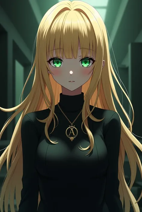  Create a female anime character with blond hair and green eyes ,  with a necklace that has the letter A  , And her all-black outfit  