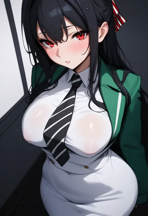 (masterpiece, best quality), mayumi saegusa, red eyes, black hair, long hair, medium breasts, striped ribbon, cropped green jacket, long sleeves, white dress, black necktie, pantyhose, standing, boobs, wet