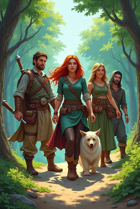   2d drawing of a group of 4 adventurers, A human, an elf woman from the forest , an elf woman and a medium 