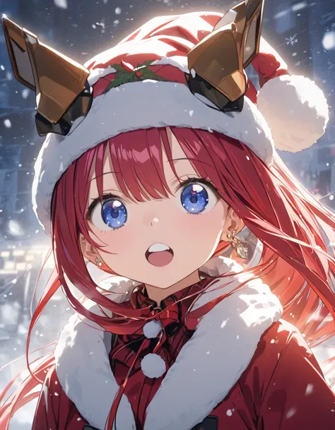 Age 23，         girl、             redhead、             long hair，             ponytail，        single earrings for women  ，         upper body， 笑face ，  意地悪な笑face，Anime Images，winter，     excited ，   girlの face，Santa hat，  blue eyes， face， upper body， in t...