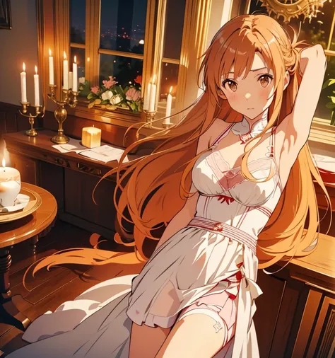 aaasuna, 1 girl,  Masterpiece, highres,  sound borders_asuna_yuki,  long brown hair , ((vestido de novia,  room, Bridal lingerie, Wedding theme)), Evening, candlelight