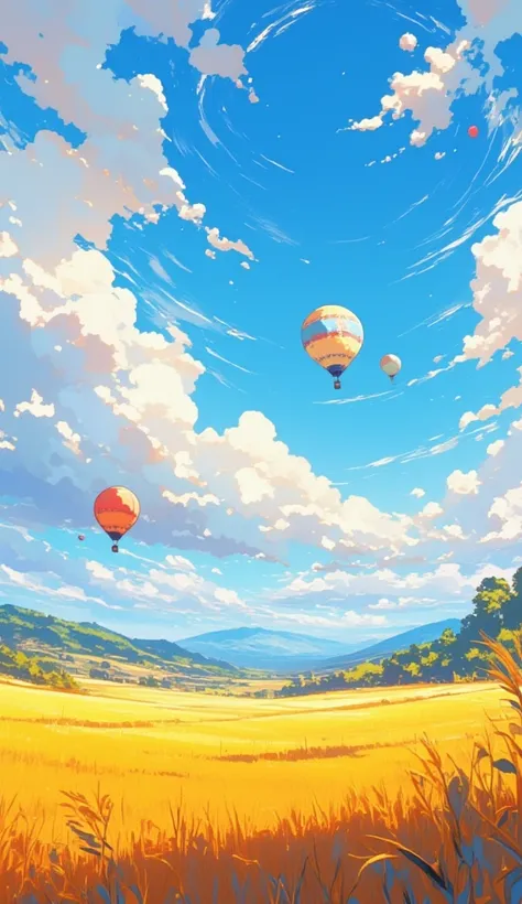 Summer sky　 with different patterns３two balloons 　European wheat field landscape