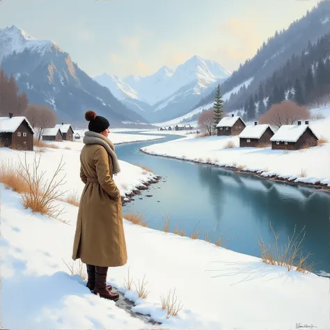 An Impressionist painting of a snowy landscape featuring mountains, a winding river, and a quiet rural countryside. A woman dressed in a warm winter coat and scarf stands by the riverbank, gazing at the serene view. The scene is depicted with soft, texture...