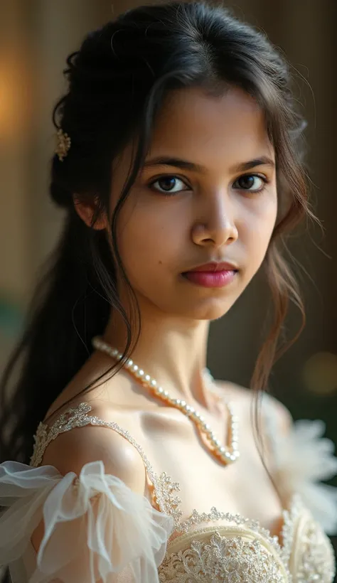 a beautiful young girl, 18 years old, wearing an embroidered layered tulle gown, white pearl necklace, standing and blushing, detailed blue eyes, long black hair, photorealistic, high quality, detailed facial features, studio lighting, intricate dress, sof...