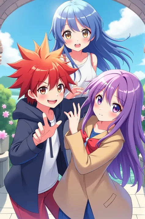 Create an anime Loli image of a boy with red hair and a girl with blue hair and another with purple hair