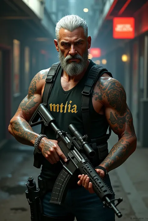 A tattooed white-haired 3D male character wearing a short vest written militia and holding a rifle and written in the background GTAv