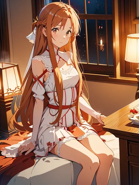 aaasuna, 1 girl,  Masterpiece, highres,  sound borders_asuna_yuki,  long brown hair , ((vestido de novia,  room, Bridal lingerie, Wedding theme)), Evening, candlelight