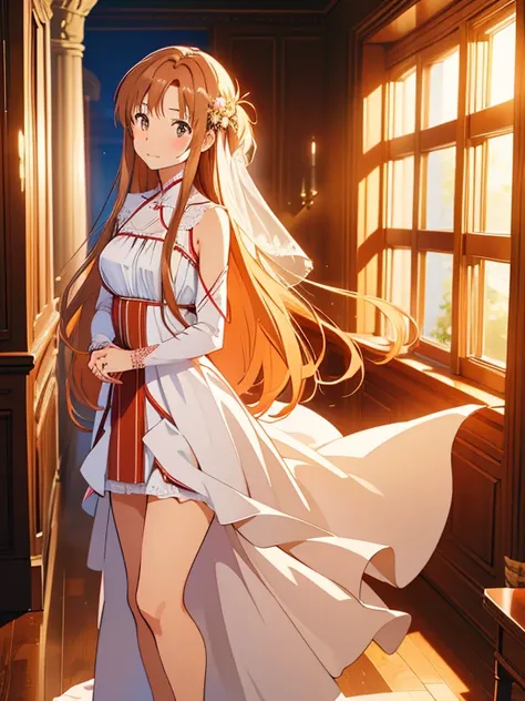 aaasuna, 1 girl,  Masterpiece, highres,  sound borders_asuna_yuki,  long brown hair , ((vestido de novia,  room, Bridal lingerie, Wedding theme)), Evening, candlelight