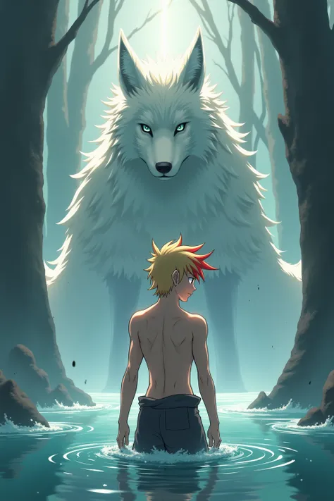 Generate a blonde anime teenager with red tipped hair shirtless and lean muscles standing laying in water infront  of kurama thr nine-tailed fox  from naruto 