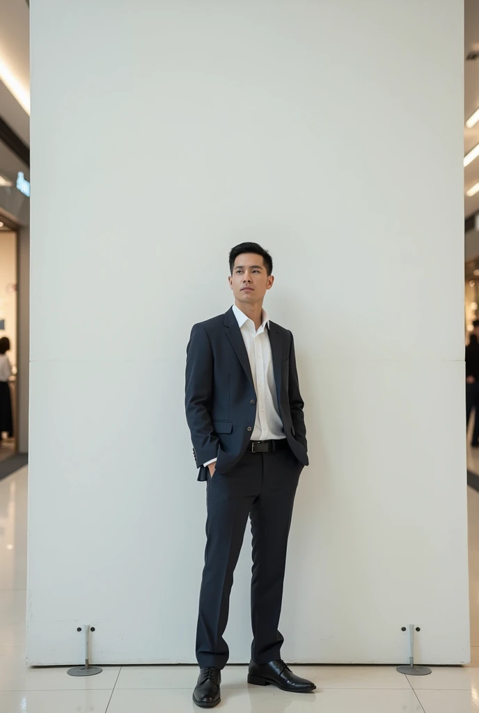 portrait photo of  standing in front of white wall in shopping mall