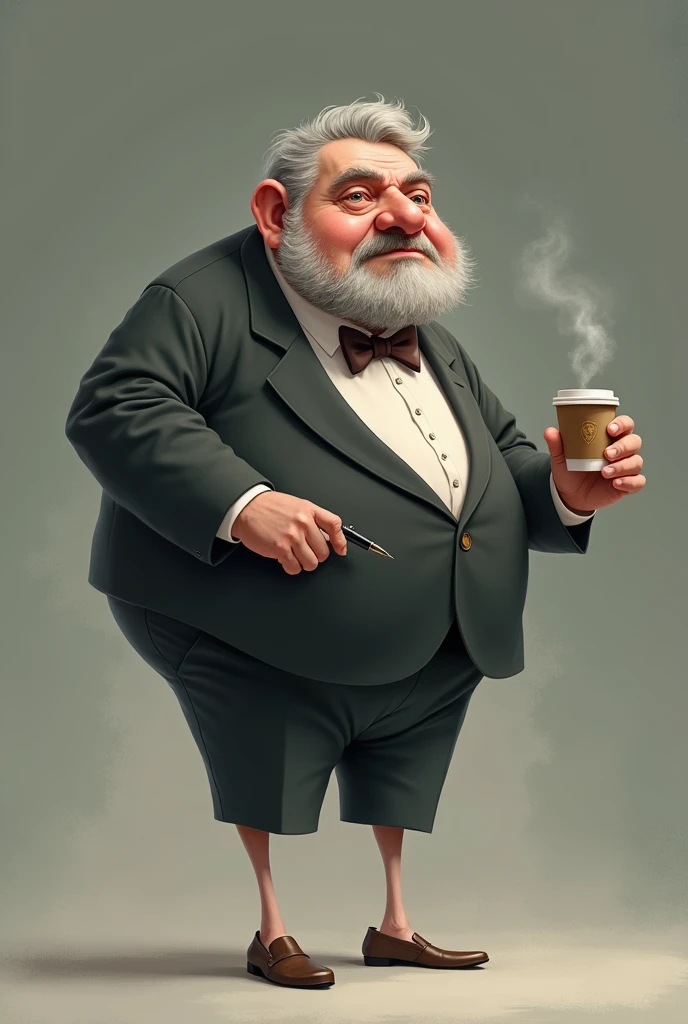  man 60 years old very fat with big heads and thin legs gray hair and beard with a suit and bow tie, He is standing with a pen drinking coffee 