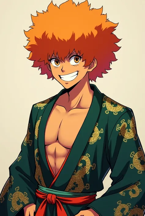 Male anime character, afro hair,  in the color orange , With a smile and mocked expression,  wearing a dark green kimono ,  with drawings of dragons on the fabric ,  and showing the abdomen 