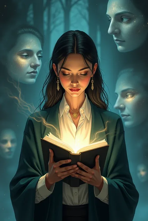 Illustrate a scholar women holding a glowing notebook, surrounded by swirling, ethereal images of memories and ghostly faces