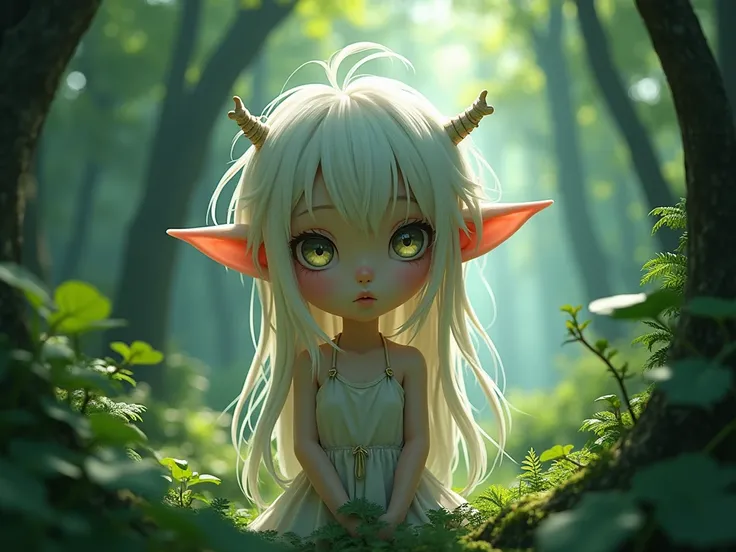 anime, Forest boy, very small stature, long and wide ears ,  porcelain face without a mouth, long fingers,  long hair ,  medieval fantasy forest.