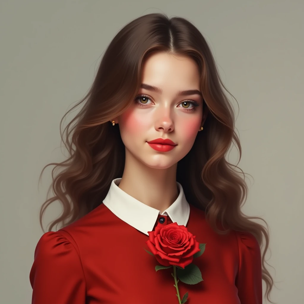 Portrait of a beautiful girl with a straight face, brown hair, brown eyes, pink cheeks, red lips, on which I attached a large red rose. She wore a neat red dress with a white collar.