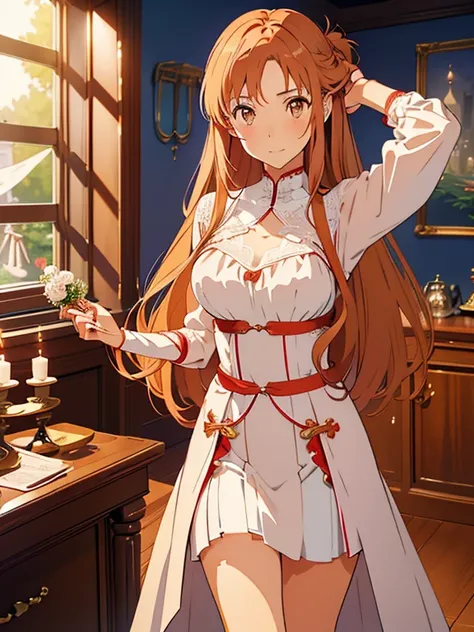 aaasuna, 1 girl,  Masterpiece, highres,  sound borders_asuna_yuki,  long brown hair , ((vestido de novia,  room, Bridal lingerie, Wedding theme)), Evening, candlelight