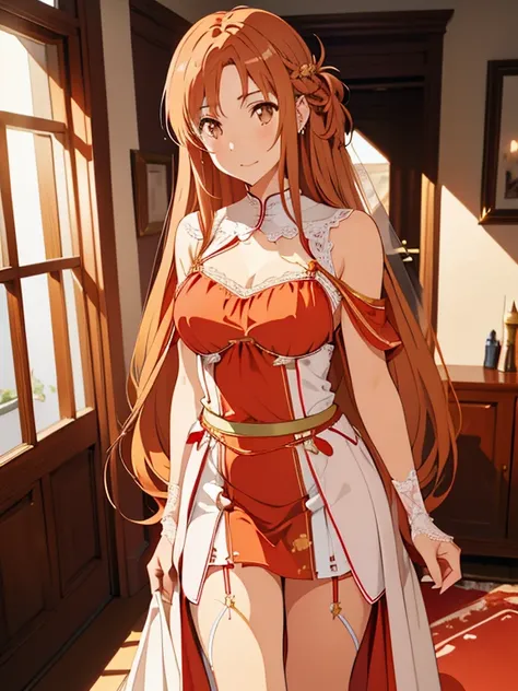 aaasuna, 1 girl,  Masterpiece, highres,  sound borders_asuna_yuki,  long brown hair , ((vestido de novia,  room, Bridal lingerie, Wedding theme)), Evening, candlelight