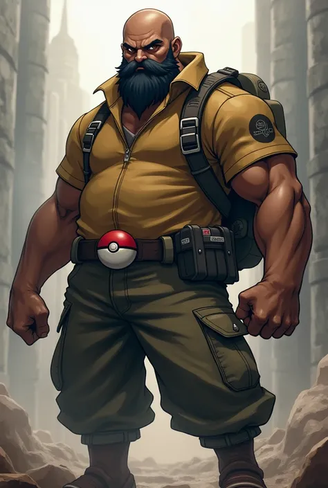 I need you to generate the avatar of a Pokemon trainer ,  the character is bald, has a black beard, brown eyes, is sturdy but must have an impressive pose worthy of being a Pokemon trainer and his complexion is dark.