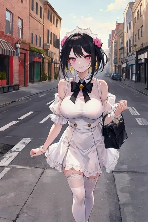 (super detailed:1.2, masterpiece:1.2, best quality:1.2, high res:1.2), Black hair, pink eyes,  big boobs, white off shoulder,  Miniskirt , White stockings,  Im hanging a bag on my arm,  Im putting my arms around a man , Smiling Smile , Sunshine, morning, S...