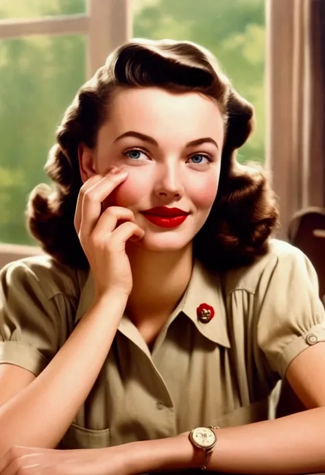 A cute woman (cute, age 20, 1940s whouse wife) she is sending a photo to the frontline asking her husband to come home soon, lipstick kiss mark in the top right corner
