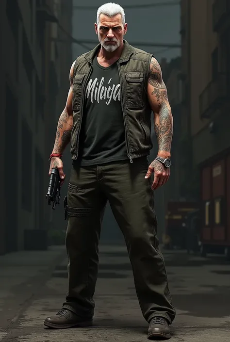 A tattooed white-haired 3D male character wearing a short vest written MILICIA and holding a rifle with a background written GTAv.