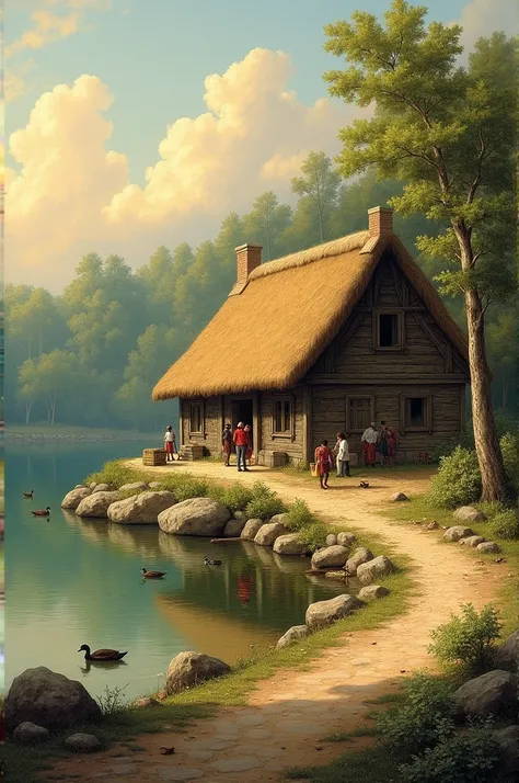  A painting depicting a traditional thatched hut located on the shore of a quiet lake . In front of the cottage ,  there are several people who appear to be in action ,  probably selling or buying things .  A rocky path leads to the cottage ,  surrounded b...