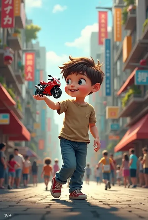 A boy holding a red Honda SH mode motorbike in his hand and walking around the street