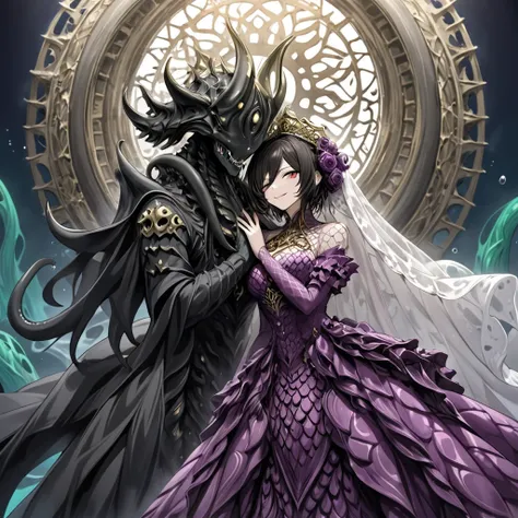 (( top quality)), ((masterpiece)), ( Details), （ perfect face）、The woman of the princess of Dagon is Mikasa Ackerman wearing a deep-sea evil gods fish scale dress and tentacle veil 、Mikasa Ackerman, the bride of the beautiful evil god, has become the queen...