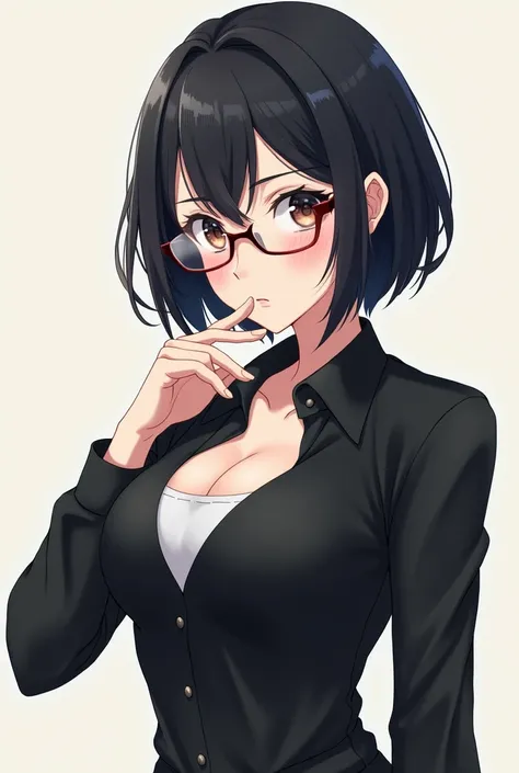  Female anime character, black short hair woman,  herself wearing glasses,  with a serious and mature expression and smile, wearing a jumpsuit, With a short black shirt  