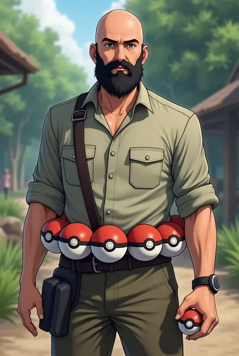  A Caucasian man , without hair and black beard  . wearing pants, shirt . pokemon trainer,    with 5 Pokeballs tied around the waist and a Pokéball in the right hand.