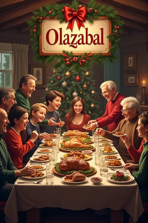 Create an image of a family of 20 at a Christmas dinner and a sign that says OLAZABAL