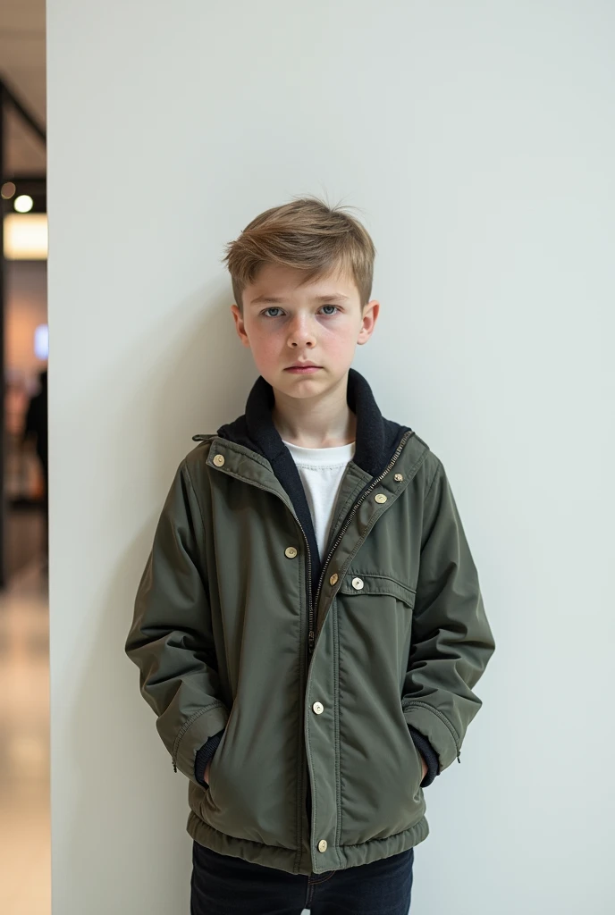 portrait photo of slavic boy standing in front of white wall in shopping mall