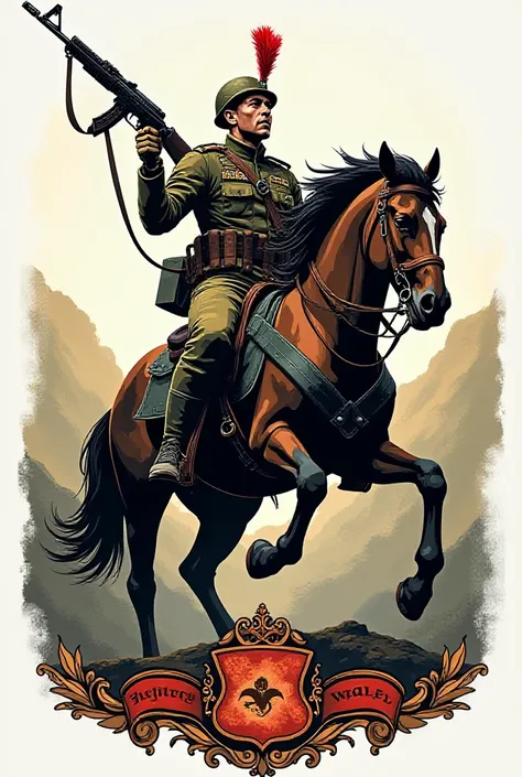  Create a coat of arms of a modern soldier shouting with a rifle and riding his horse with a name ( 3RD COMPANY  /  CFHP 2024  )