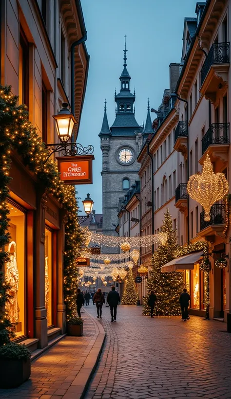 A stunning European town adorned with exquisite Christmas decorations, showcasing charming architecture and twinkling lights that create a magical holiday ambiance. In the background, an elegant department store displays stylish home interiors in its beaut...