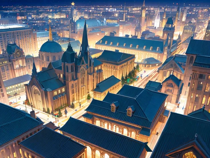 western university campus with modern theme, view from above, night, christmas season