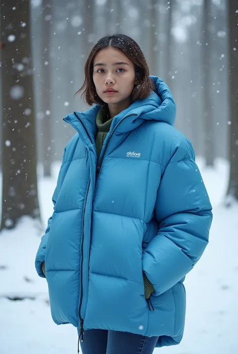 겨울 숲에서 오버사이즈 블랑 블루 아디다스 다운 재킷을 입은 현실적인 여성.  Short medium length hair . Realistic woman wearing an oversized blanc blue adidas down jacket in a forest with a lot of snow . Snow blowing in the wind.