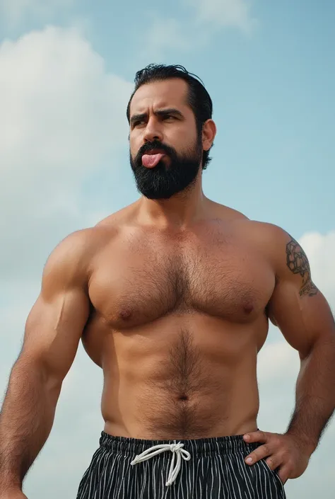  Creates a hyperrealistic image of a muscular, imposing-looking man captured from a low angle ,  that emphasizes his robust and defined torso .  The character must have an expressive face with a short and well-groomed beard ,  projecting a playful attitude...