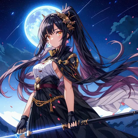 A beautiful anime girl with long black hair, holding a spear and a flag, wearing a black dress with white accents, and gloves, standing against a night sky with a full moon and a clean, starry sky, with a dragon in the background, her golden eyes glowing, ...