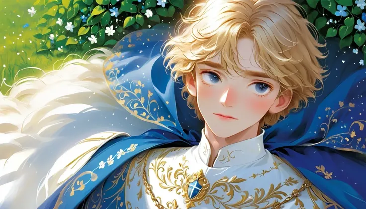 Rough texture，Hand-drawn style： Prince Fabian is a handsome young man, golden hair shining like the morning sun, bright blue eyes as a clear sky. He has a sharp face, full of determination and tenderness. In the field of dress, he wears a shiny steel armor...