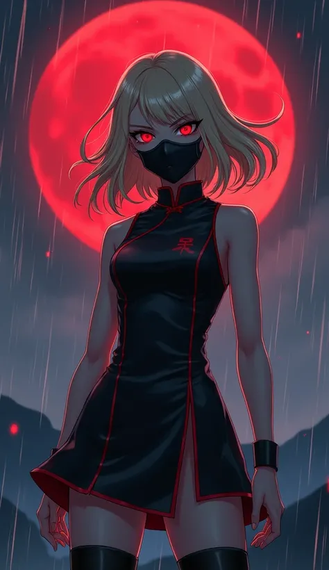   woman between 30-35 years old,  medium  blond hair, strong body,  angry expression , short Chinese dress with red details with a black leggings. on a rainy mountain at night, red moon in the sky  [[[  high quality ]]][[[ tall details ]]] Ultra HD,   High...