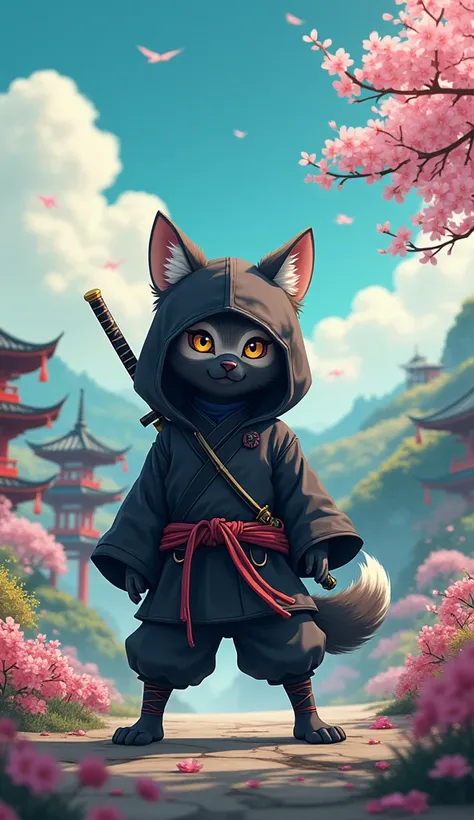 Mini wolf in ninja costume Japanese background 