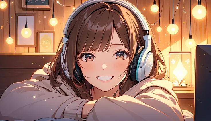 A celebration of reaching 700 subscribers on a YouTube channel. The scene features a cheerful 20-year-old girl with brown hair wearing headphones, surrounded by glowing lights (glowing:1.4) in a relaxing, cozy room. Shes big smile. The background is warm a...