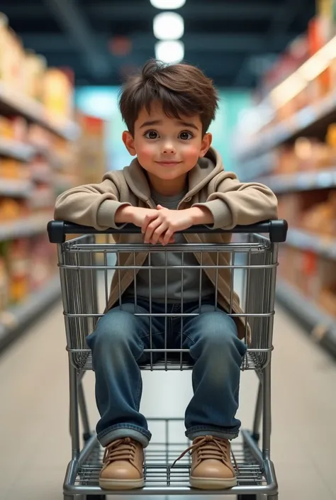 Handsome boy sitting in a supermarket cart ( super realistic) (No animé )