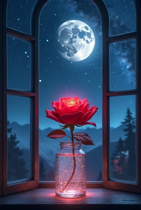  A beautiful large window with a panoramic view of a starry night sky a beautiful moon in the sky , on the window ledge ,  you can see a beautiful glass container filled with crystal clear water inside the container a beautiful red velvet rose with a brill...