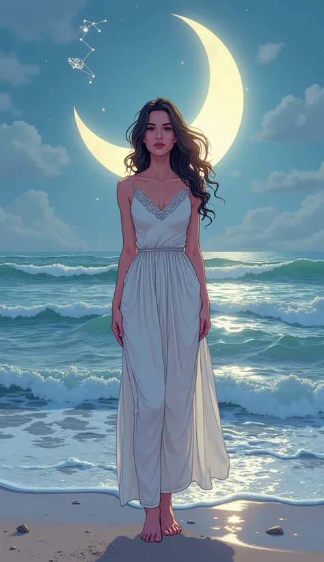 A dreamy comic book-style image of an adult American woman representing the Cancer zodiac sign, dressed in an elegant, modest outfit like a flowing top and a skirt or wide-leg pants that show her legs subtly. Her expression is nurturing and calm, reflectin...